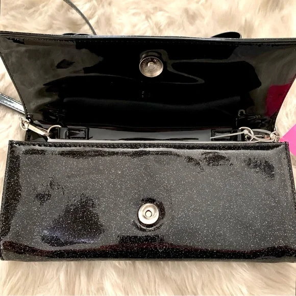 NWT BETSEY JOHNSON BLACK PATENT XOLYLA SHIMMER/GLITTER PURSE CLUTCH WITH BOW - Picture 10 of 12